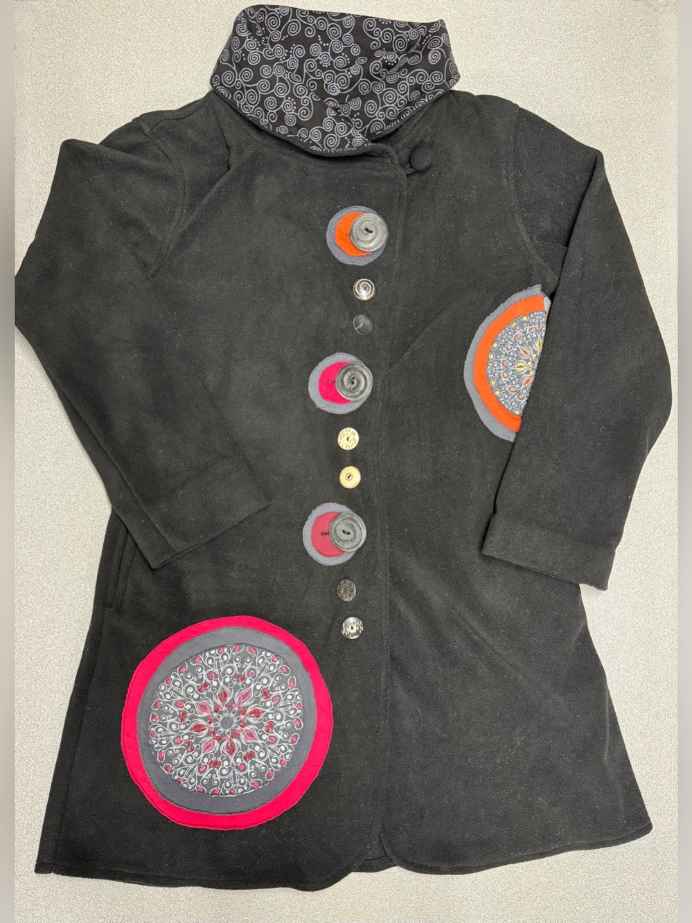 Adria Mode Black Pea Coat with Pink & Orange Appliqué Mandala Embroidered
